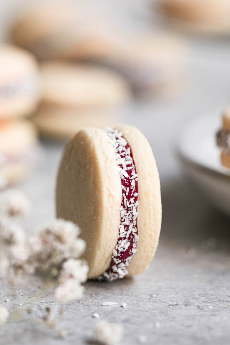 Un alfajor de maicena con otros alfajores borrosos en el fondo.