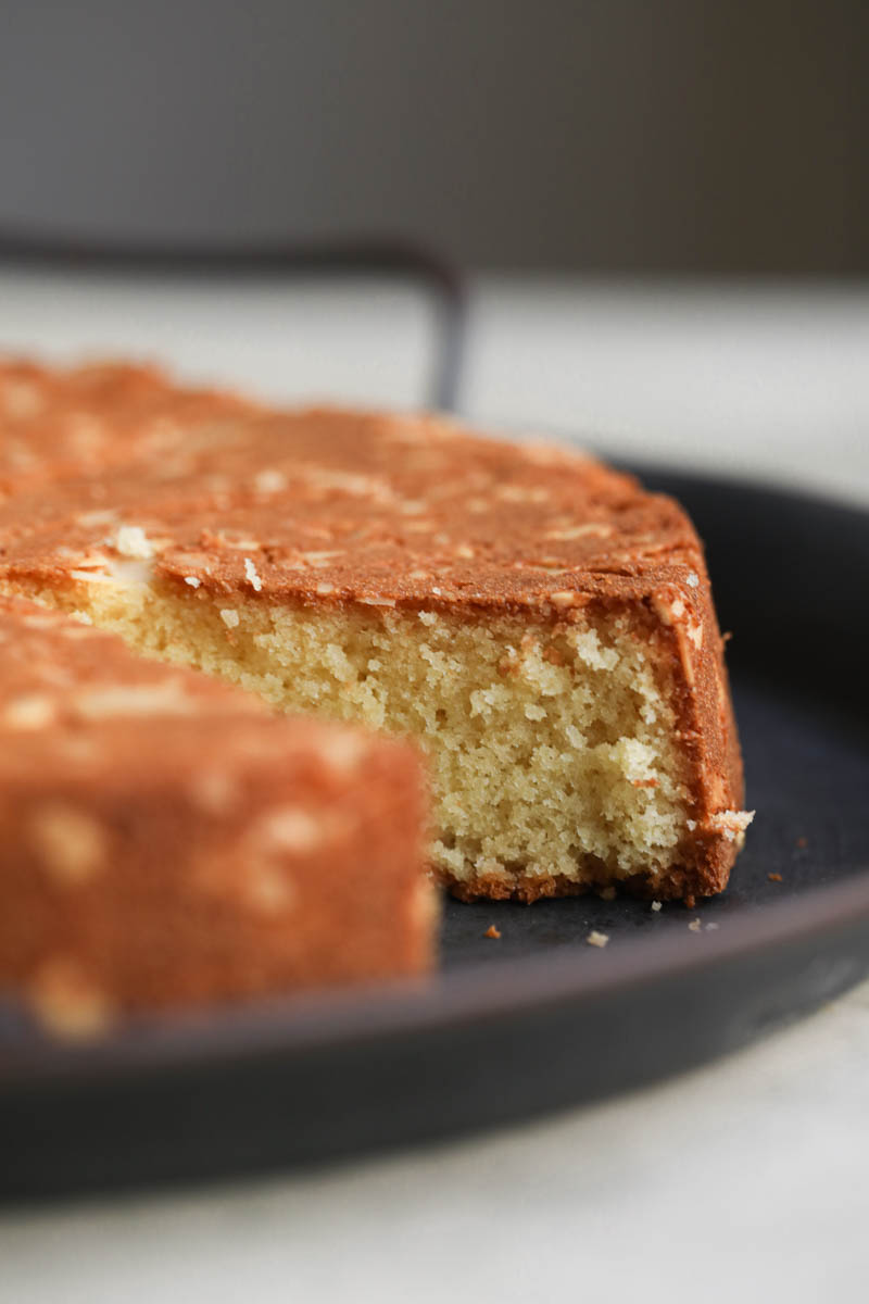 A closeup of the crimb of the almond paste cake.