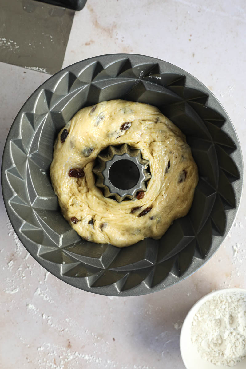 The Kugelhopf bread dough inside the pan ready for fermentation.