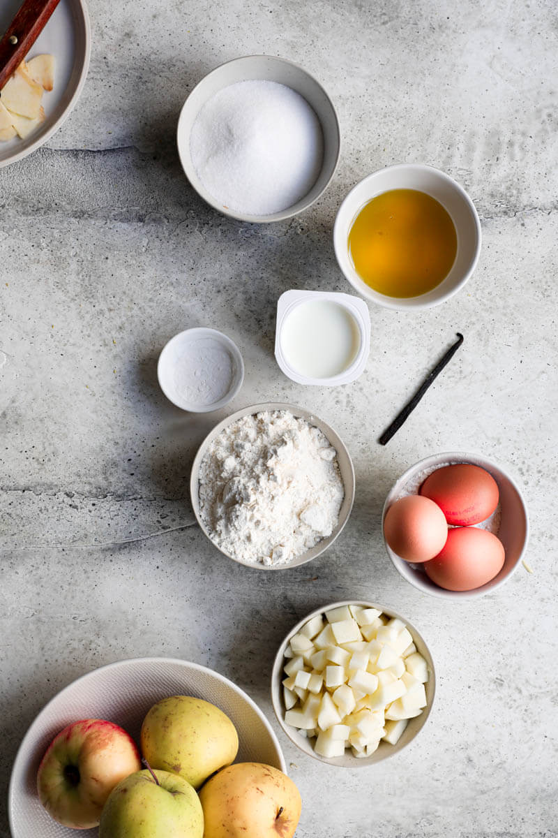 Overhead shot of the ingredients needed to bake the apple cake