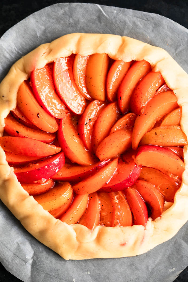 Overhead shot of the apricot tart ready for baking. 