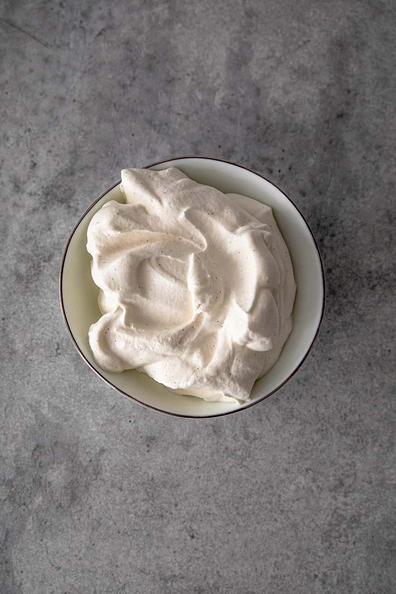 Overhead shot of the vanilla mascarpone cream in a bowl