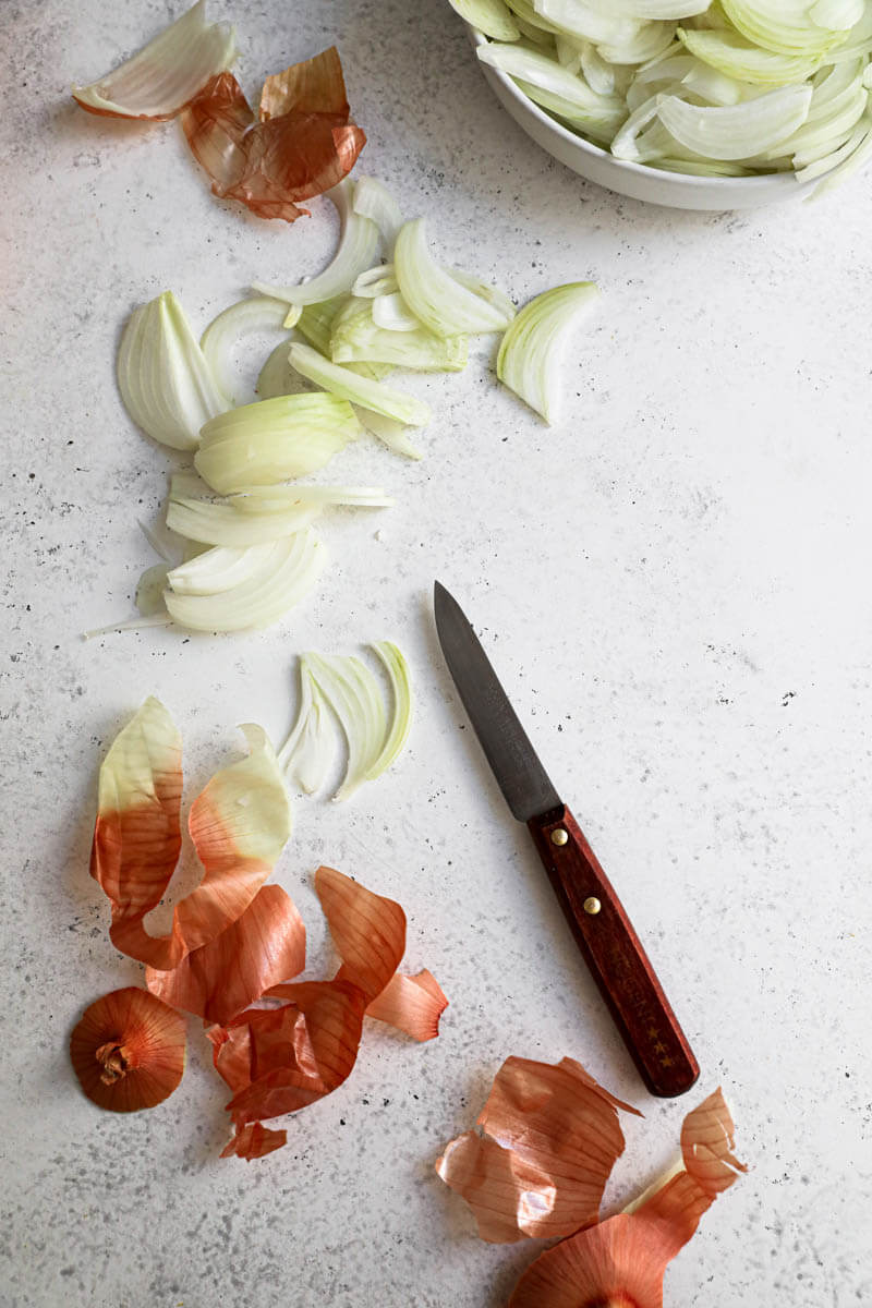 Overhead shot of sliced onions