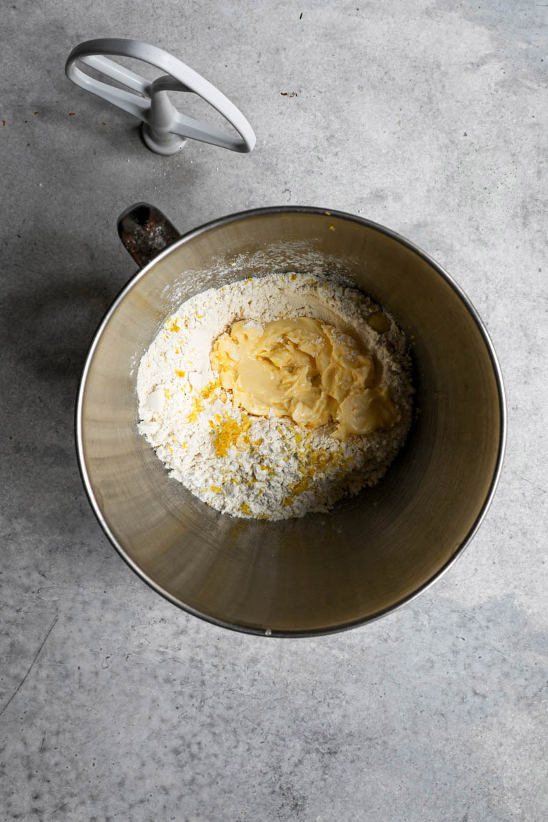 The dry ingredients and softened butter in a bowl