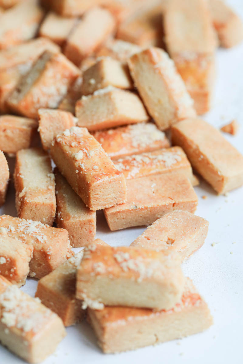 The parmesan cheese cookies arranged in an irregular maner.