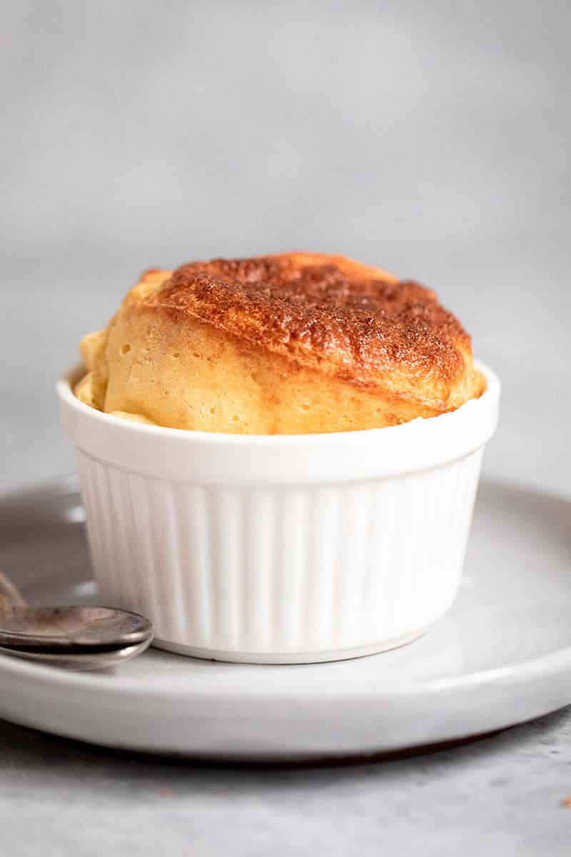 90° shot of one souffle just out the oven