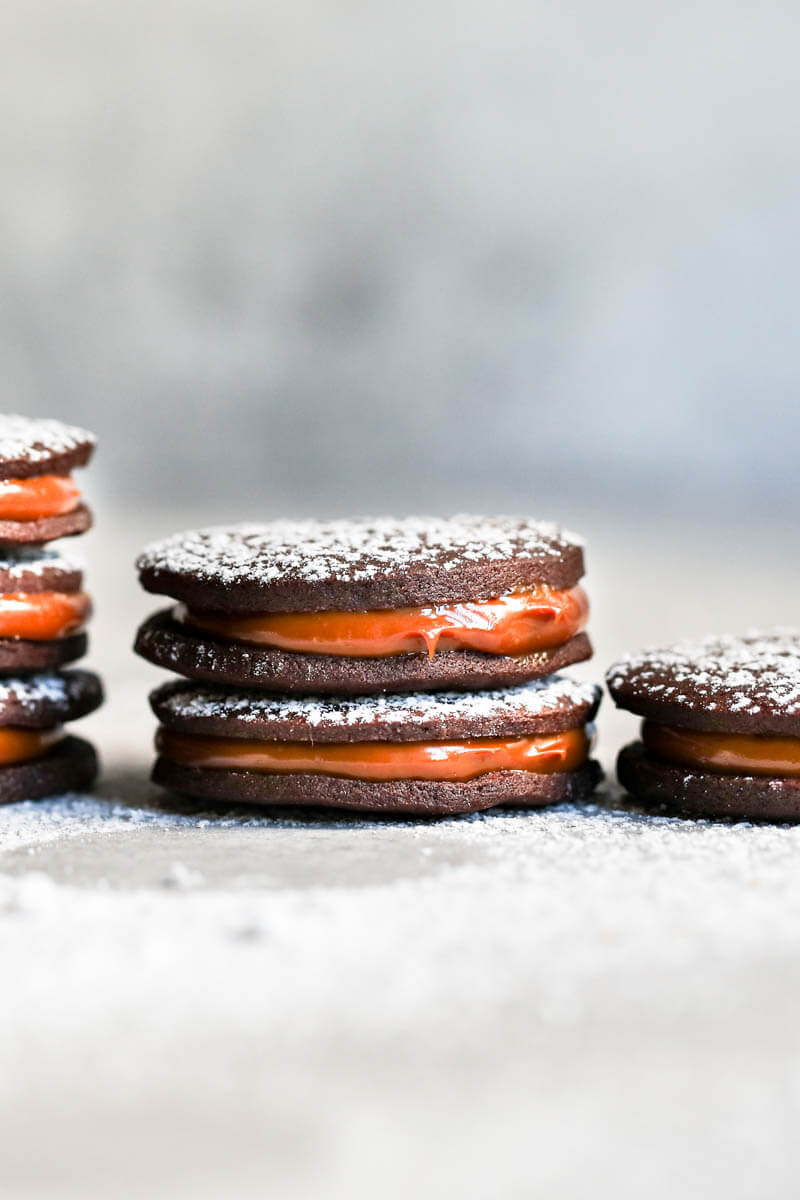 90° shot of a stack of chocolate alfajores