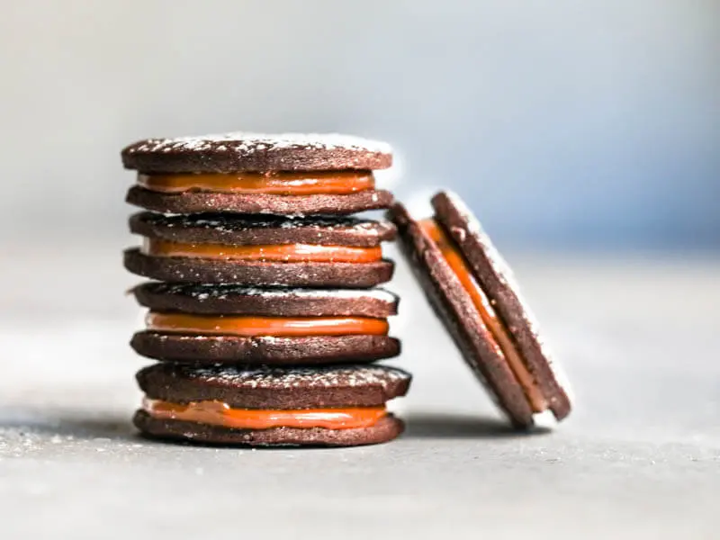 90° shot of a stack of chocolate alfajores
