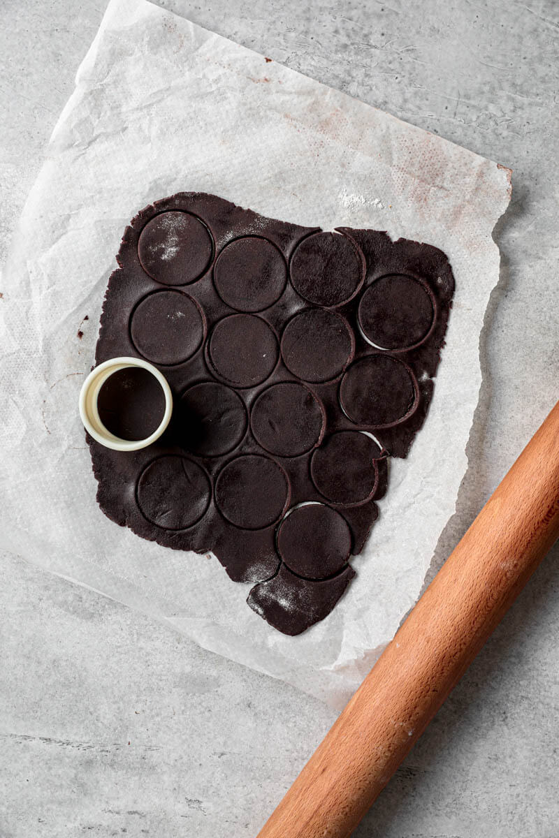 Overhead shot of the rolled-out dough cut into circles