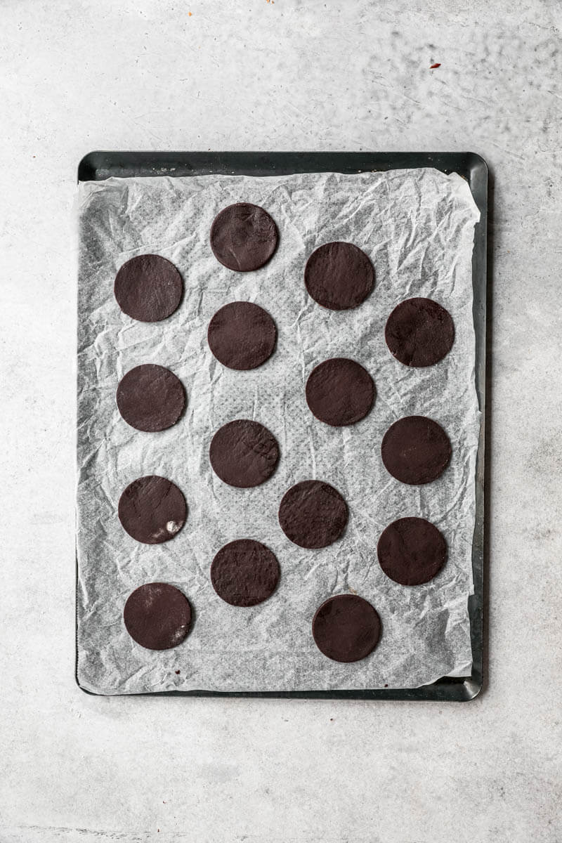 Overhead shot of the alfajores cookies on a baking tray ready for the oven