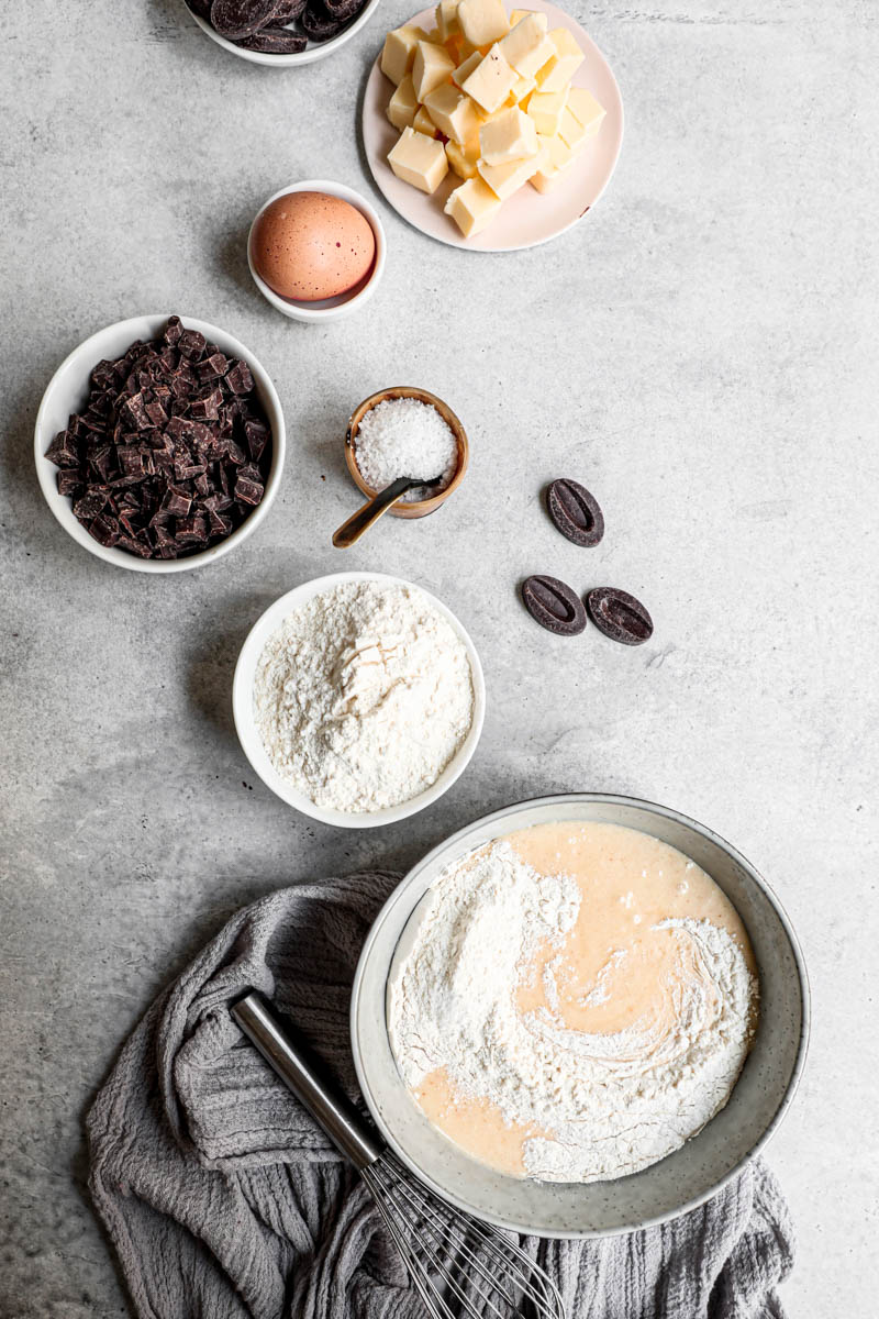 Overhead shot of the ingredients for the chocolate chunk cookies