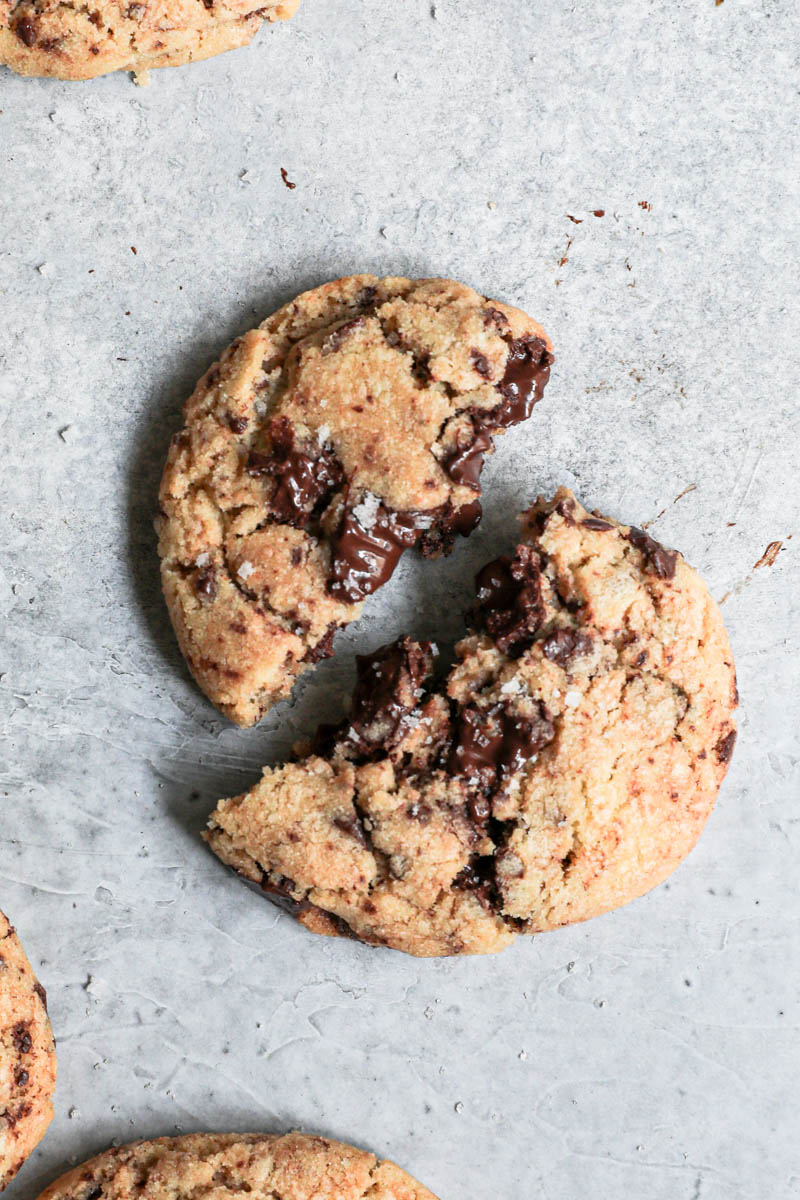 Overhead closeup shot of one chocolate chunk cookie