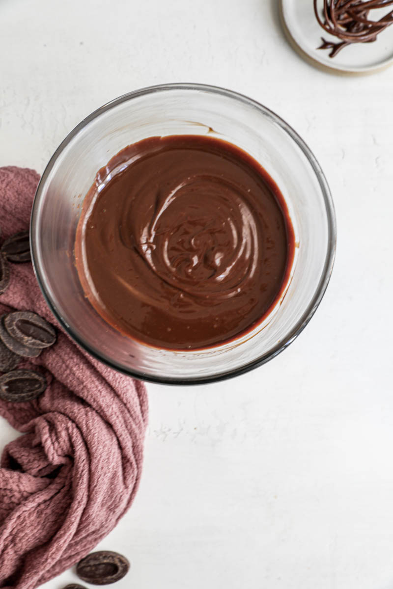 Overhead shot of a bowl with the chocolate dulce de leche ganache