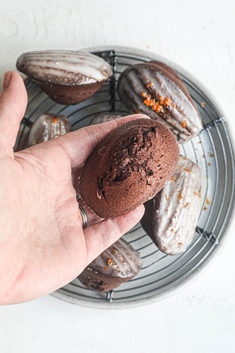 One hand holding a chocolate madeleine with the bump side up and other orange glazed madeleines underneath.
