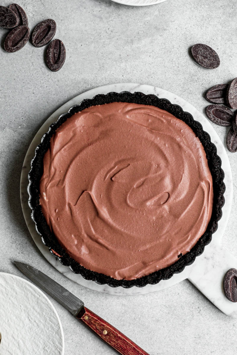 Overhead shot of the chocolate mousse pie filled with the chilled mousse