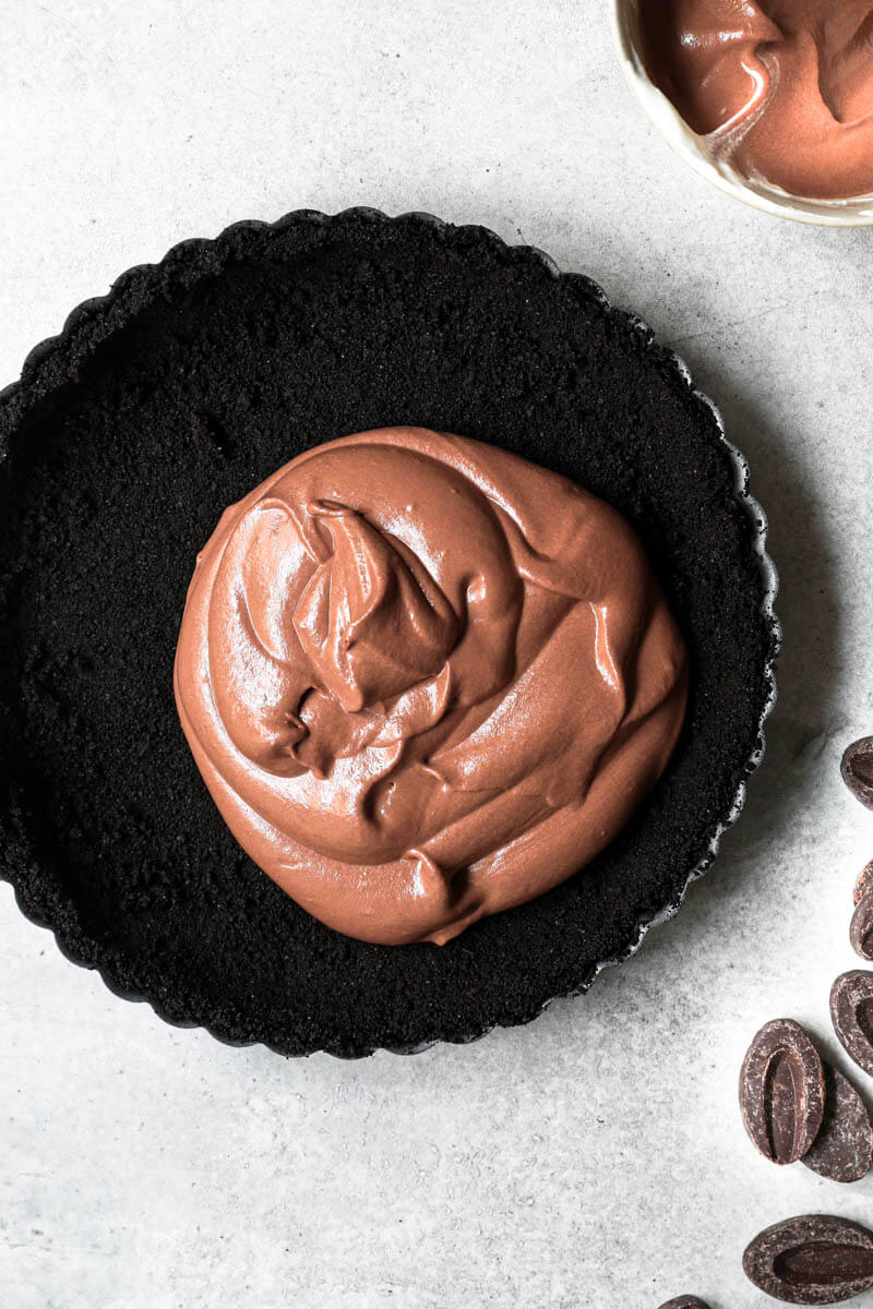 Overhead shot of the chocolate mousse inside the pie crust