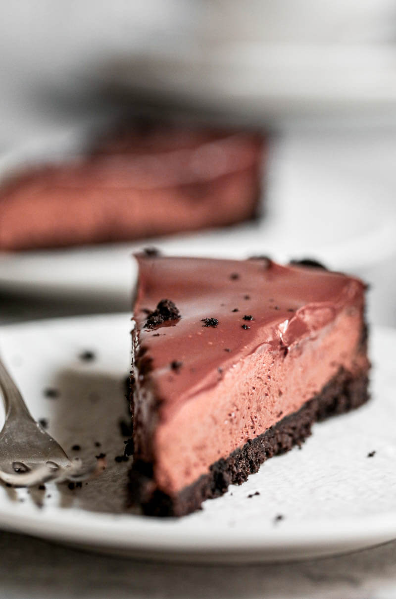 90° closeup shot as seen from the front of one slice of chocolate mousse pie