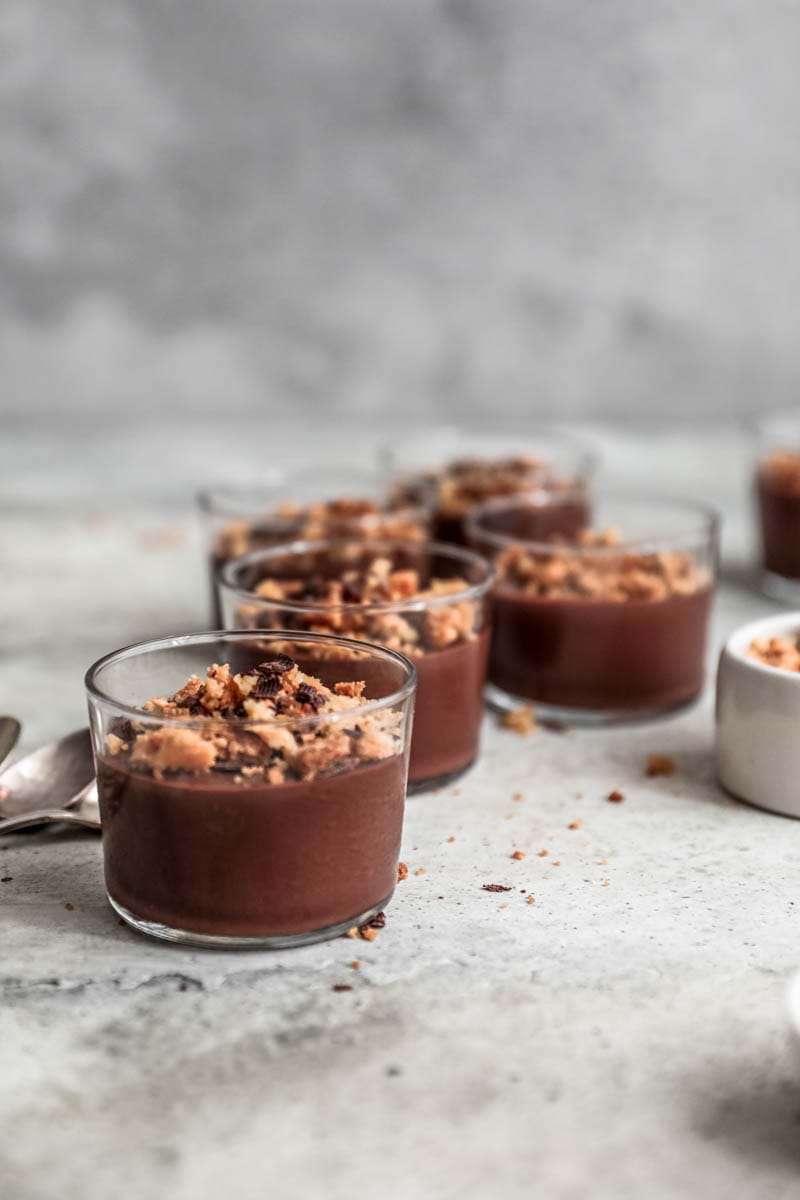 Chocolate pots de crème with hazelnut crumble topping