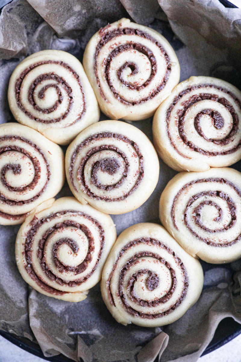 Closeup shot of the puffed cinnamon rolls.