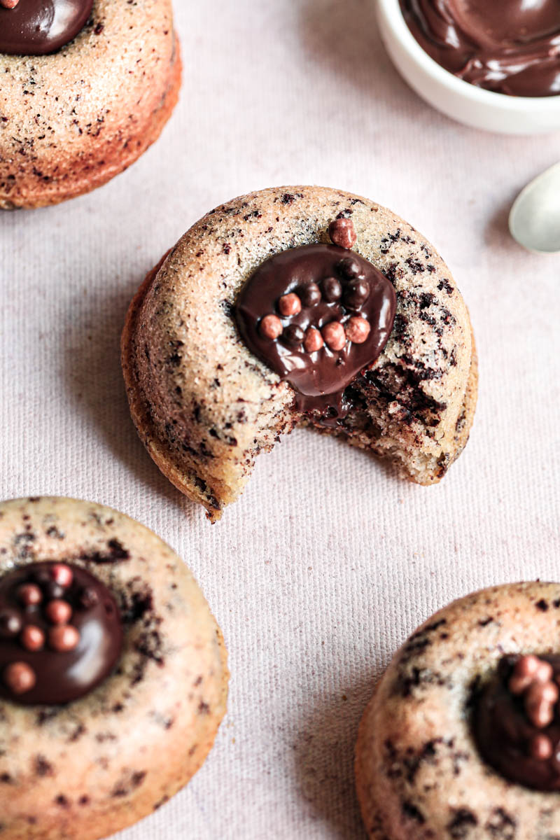 Chocolate chip financiers filled with dark chocolate ganache.