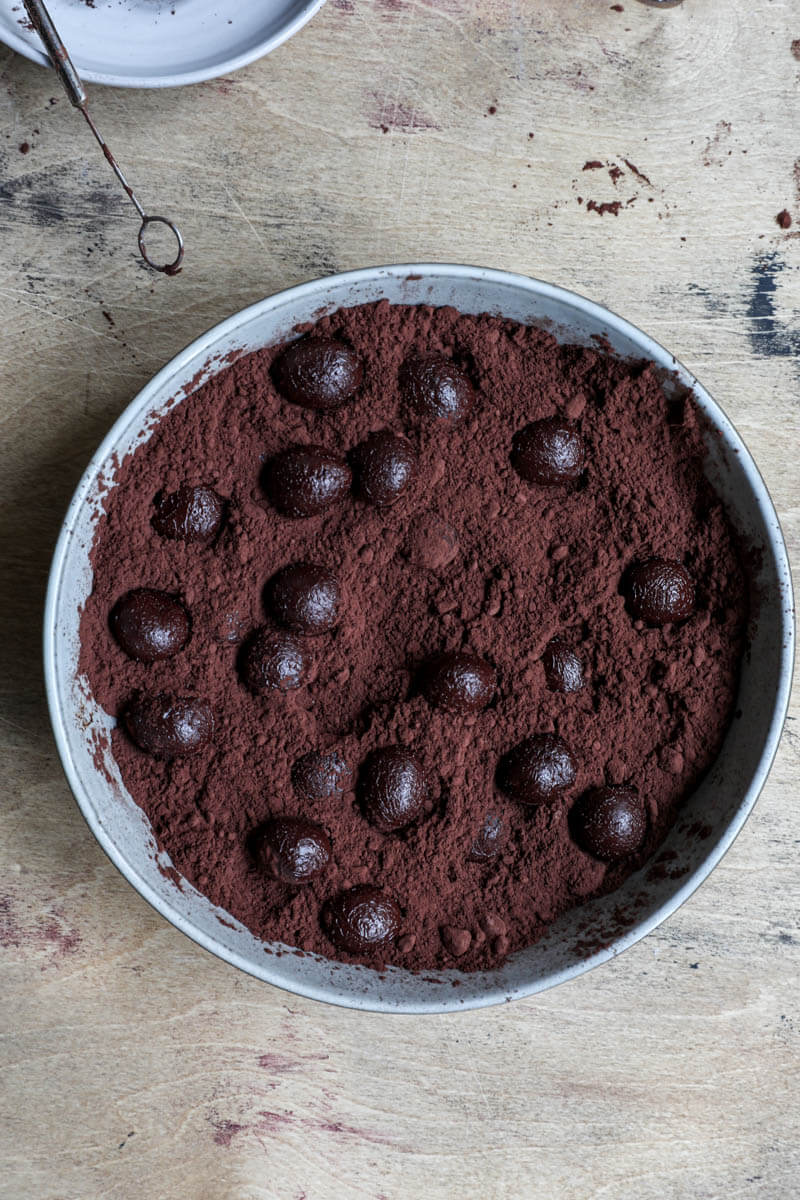 Truffles inside a plate full of cocoa powder