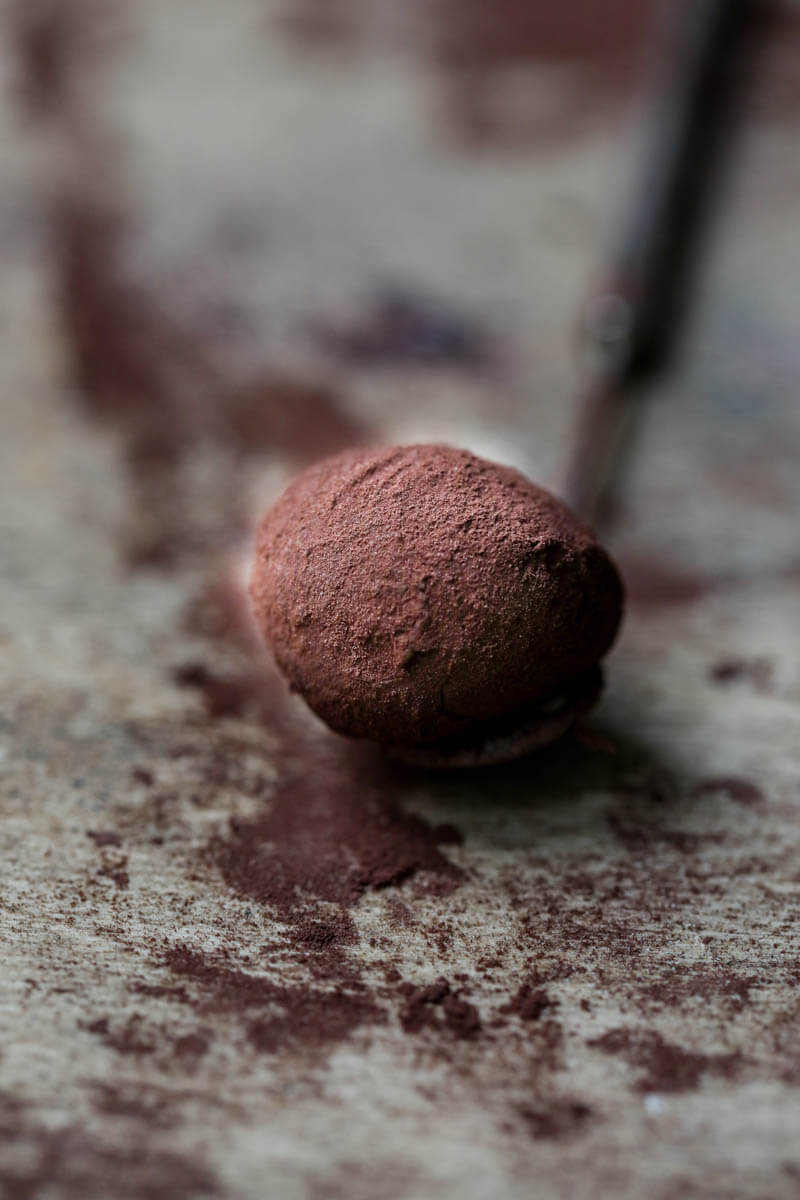 One truffle on a mini chocolate fork