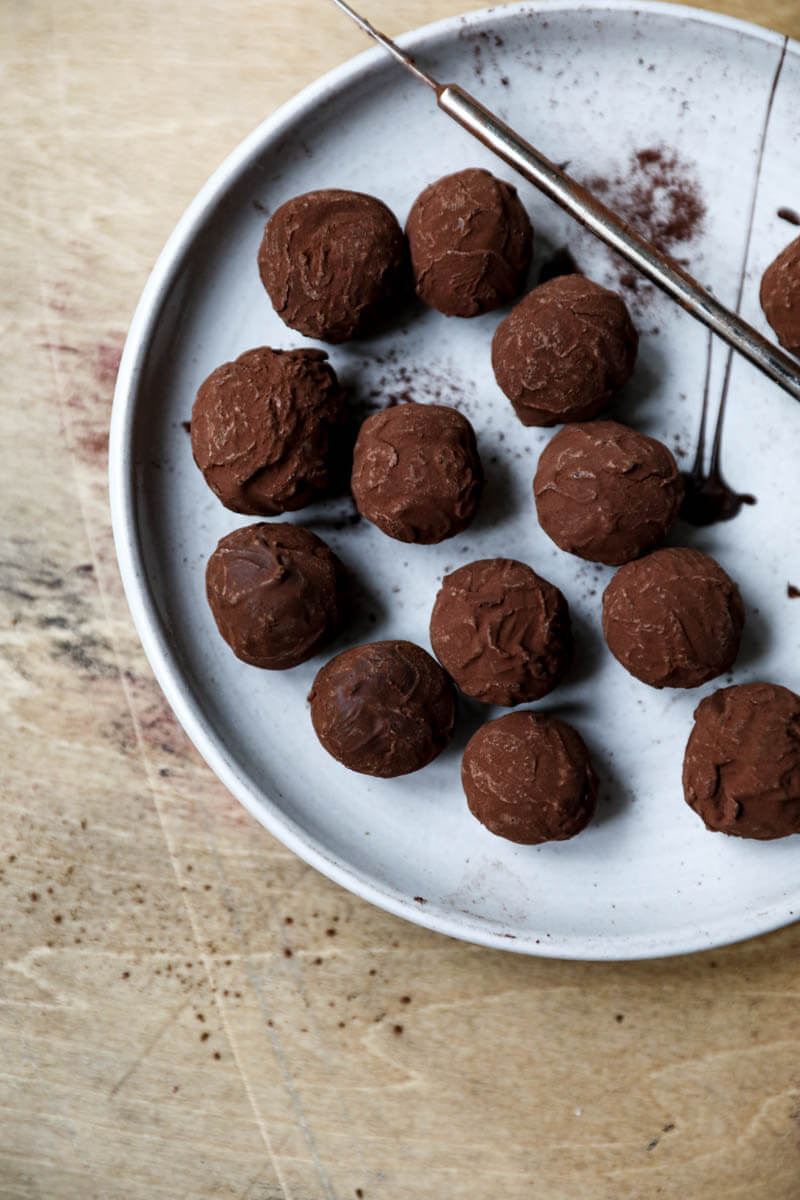 Closeup of truffles on a grey plate