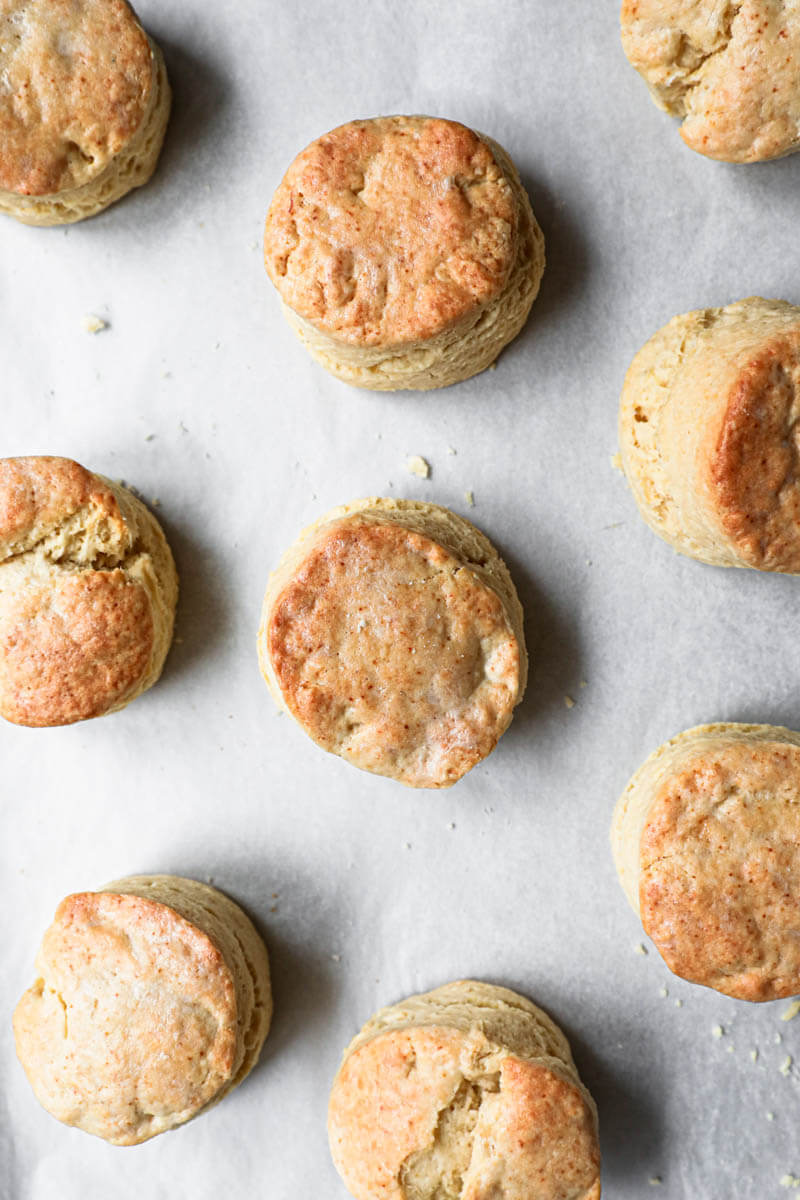 Baked scones on a baking tray lined with parchment paper