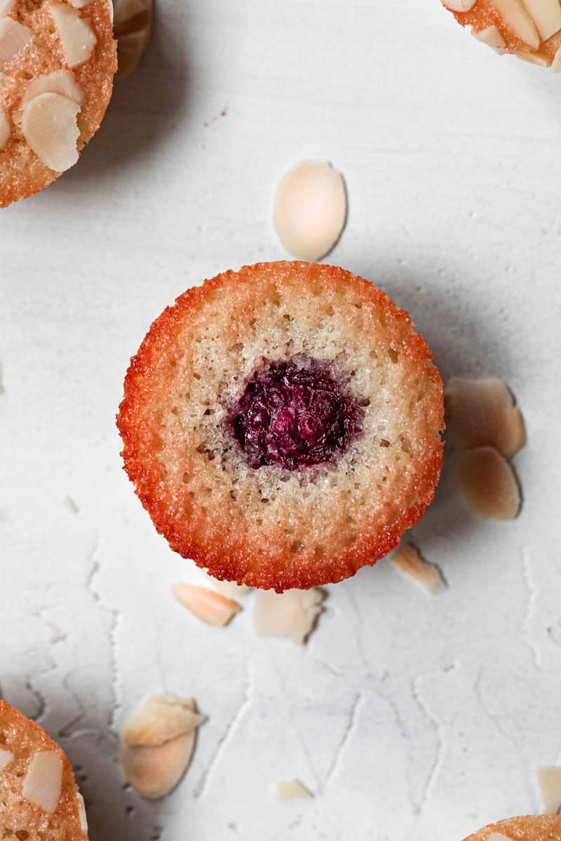 One raspberry financier cake seen from above.