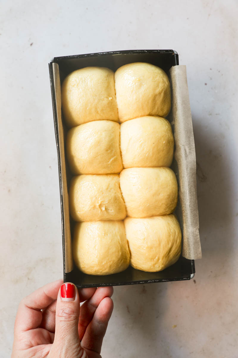 One hand holding the cake loaf pan with the brioche loaf bread ready for the oven after fermentation.