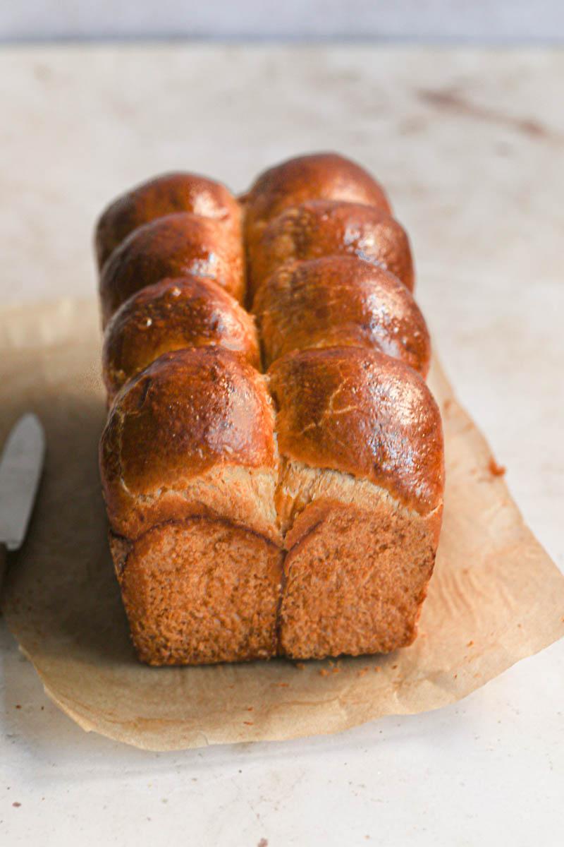 The whole baked French brioche loaf as seen from the front.