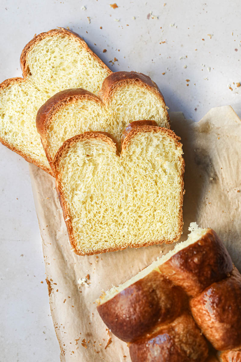 3 slices of French brioche loaf as seen from above.