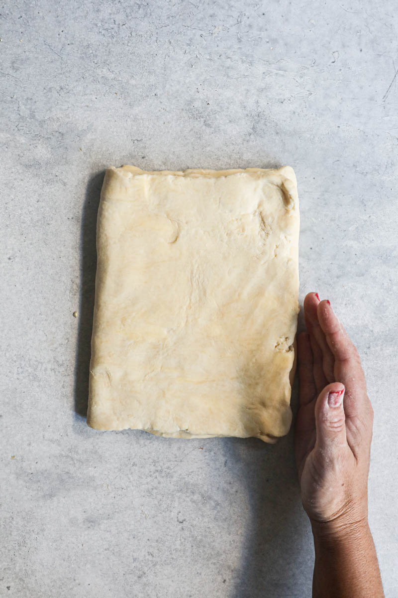 The rough puff pastry after the 1st fold rotated 90 degrees ready for the second fold.