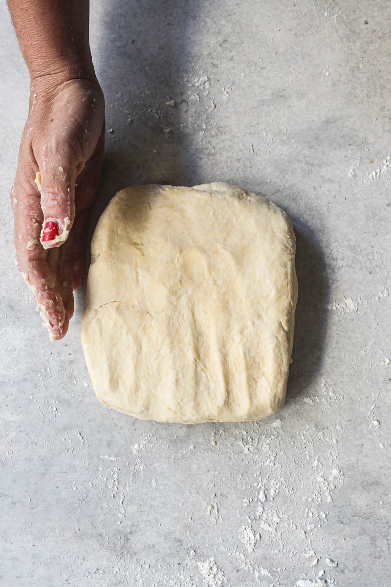 The rough puff pastry dough shaped into a rectangle.