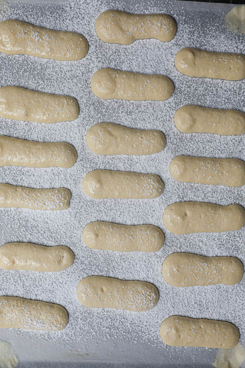 Closeup of the ladyfingers cookies pipped on a baking tray ready for the oven.