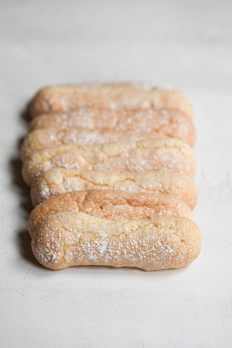 The baked ladyfiners cookies arranged in a domino manner.