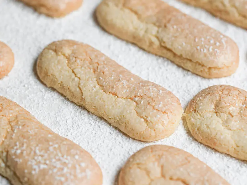 The homemade ladyfingers cookies baked on a baking tray lined with parchement paper.