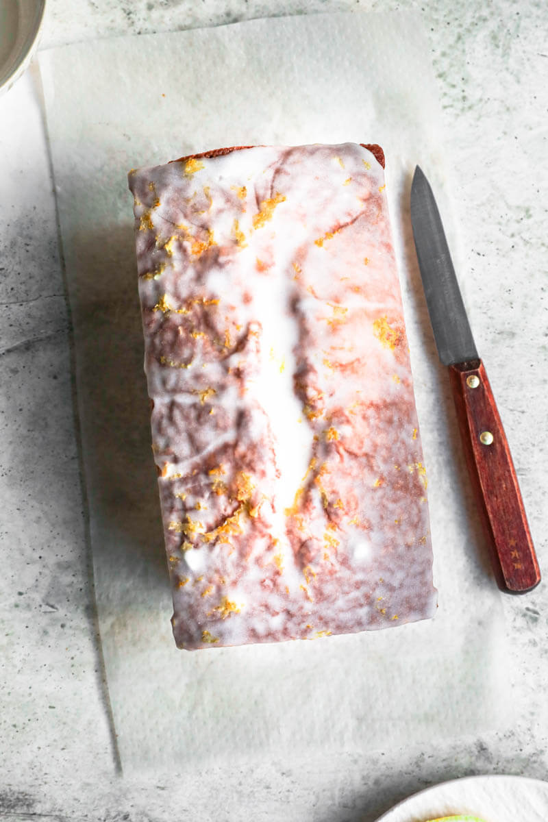 Overhead shot of the whole glazed lemon cake