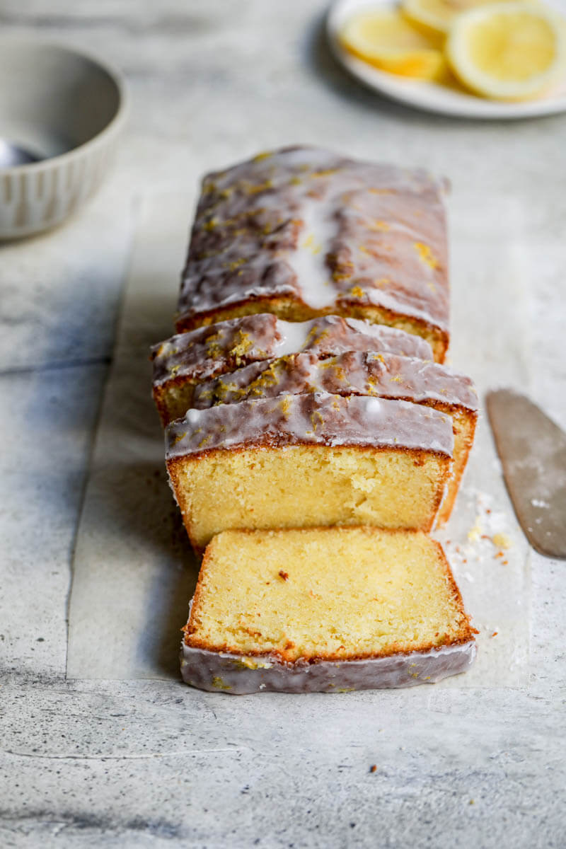 45° shot of the sliced lemon cake