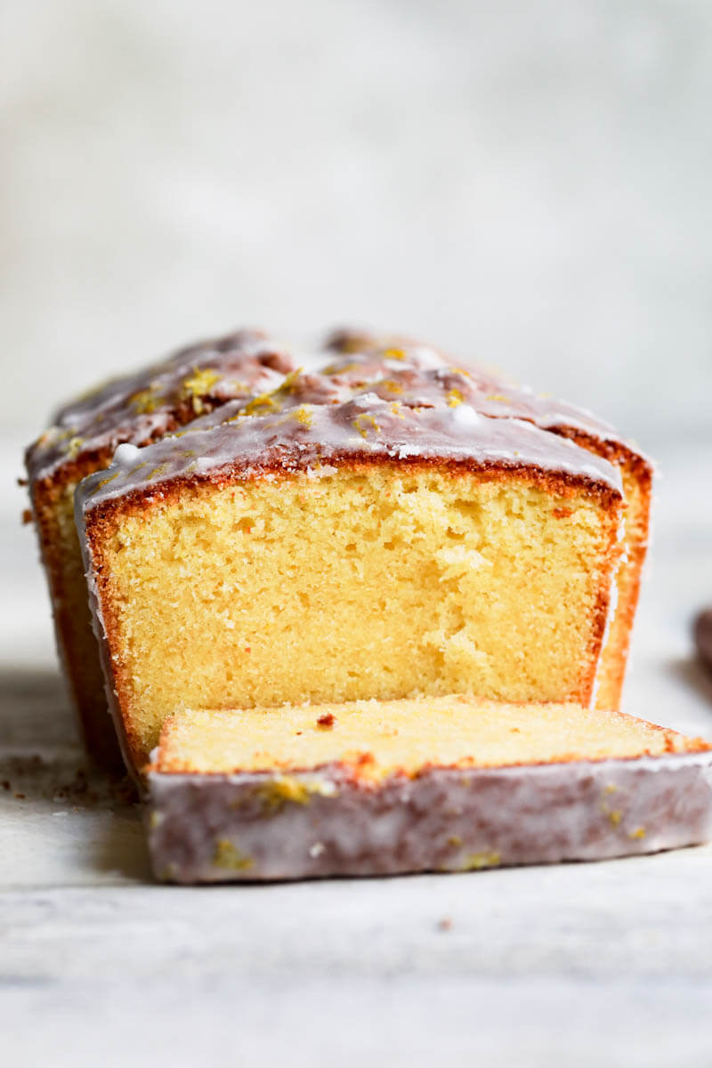 90° closeup shot of the sliced lemon cake