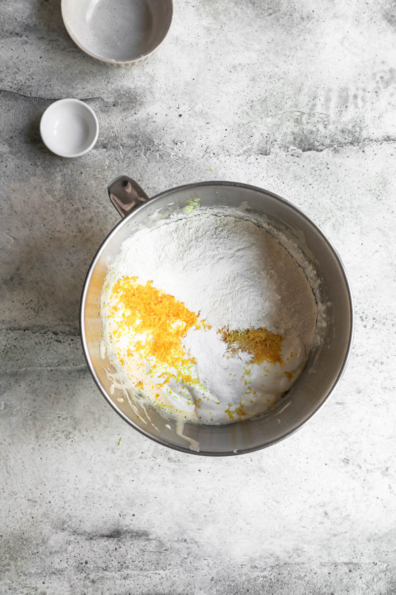 Overhead shot of the mixing bowl with the batter plus the flower