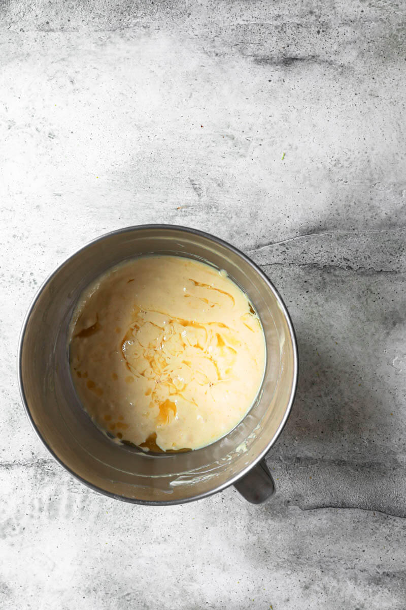 Overhead shot of the mixing bowl with the batter and the melted butter