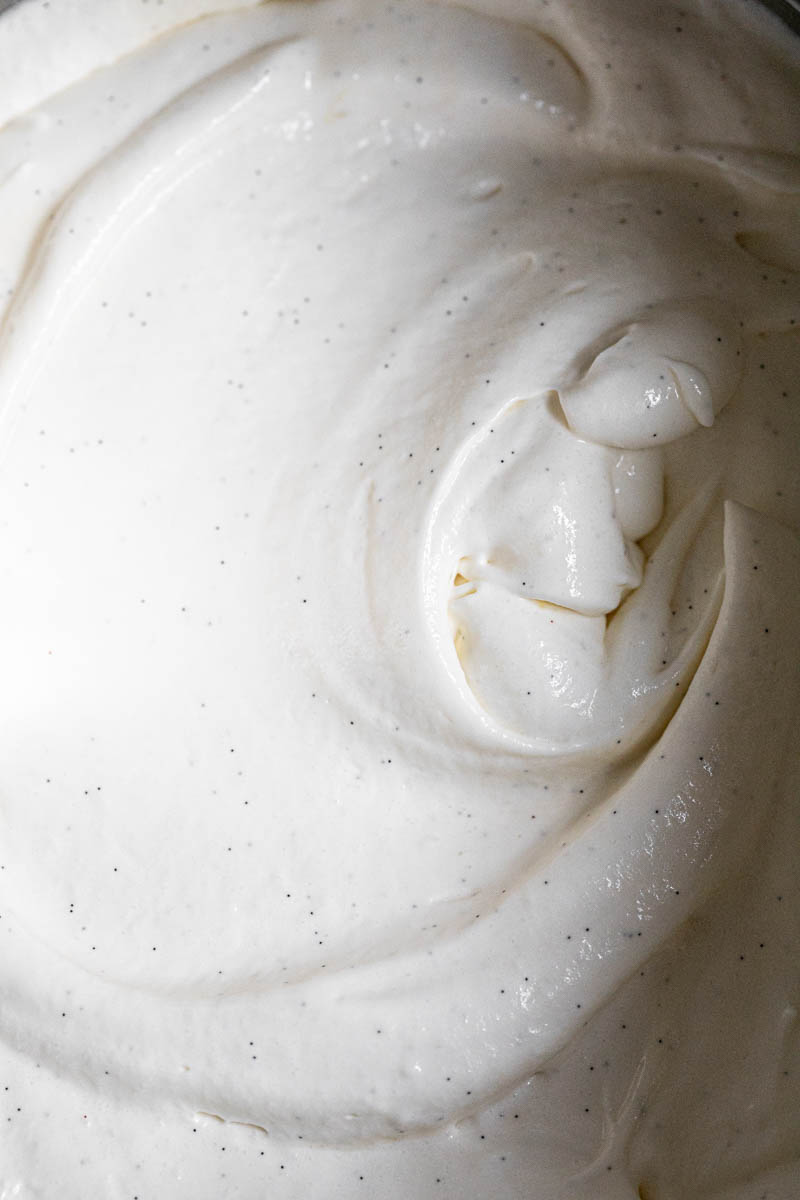 A macro close shot of the vanilla bean lemon no bake cheesecake filling ready.