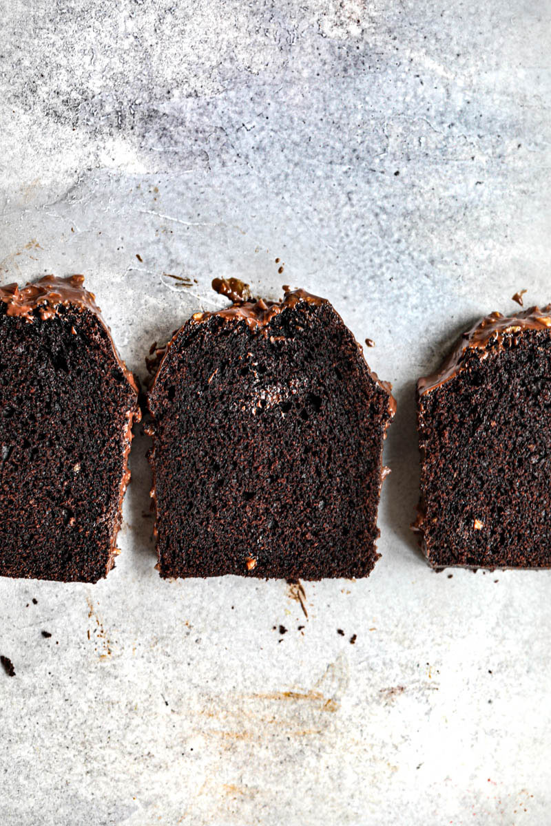 3 slices of one bowl chocolate cake as seen from above.