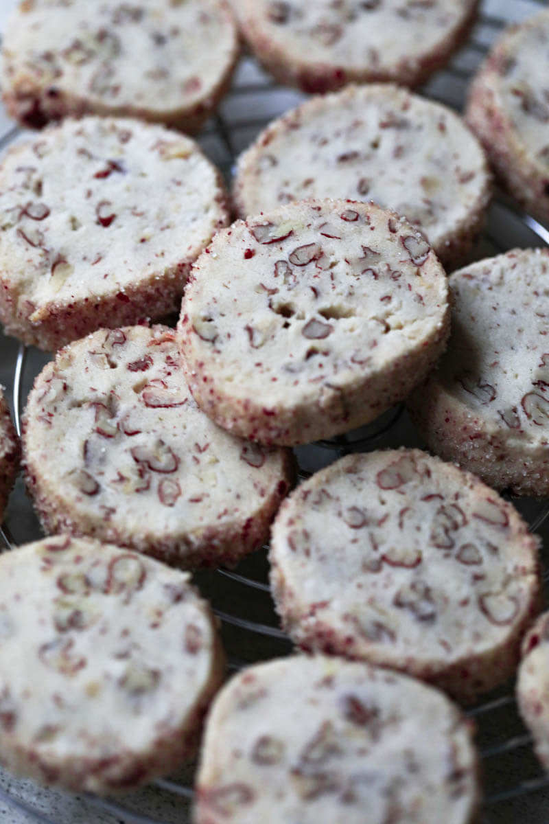 Closeup of a lot of pecan cookies