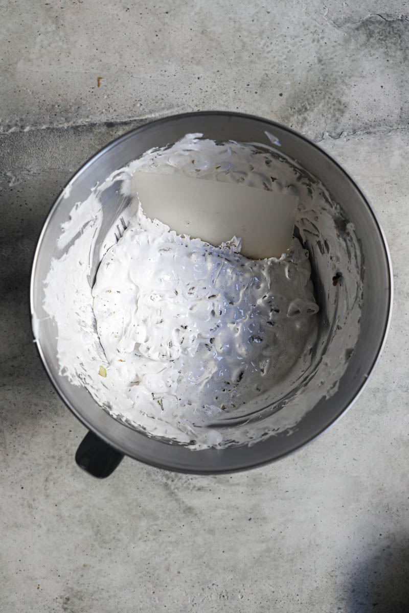 The almond pistachio nougat in the mixing bowl.