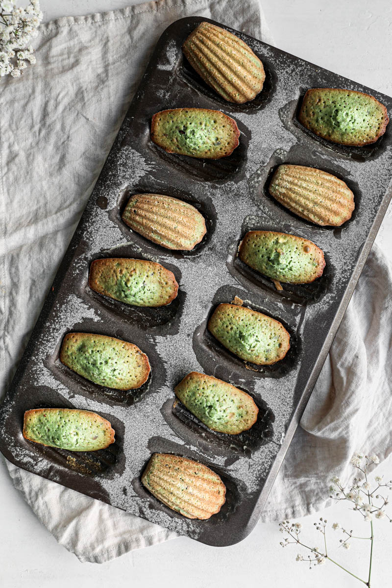 The baked pistachio madeleines inside the madeleine pan, turned 90 degrees as seen from above.