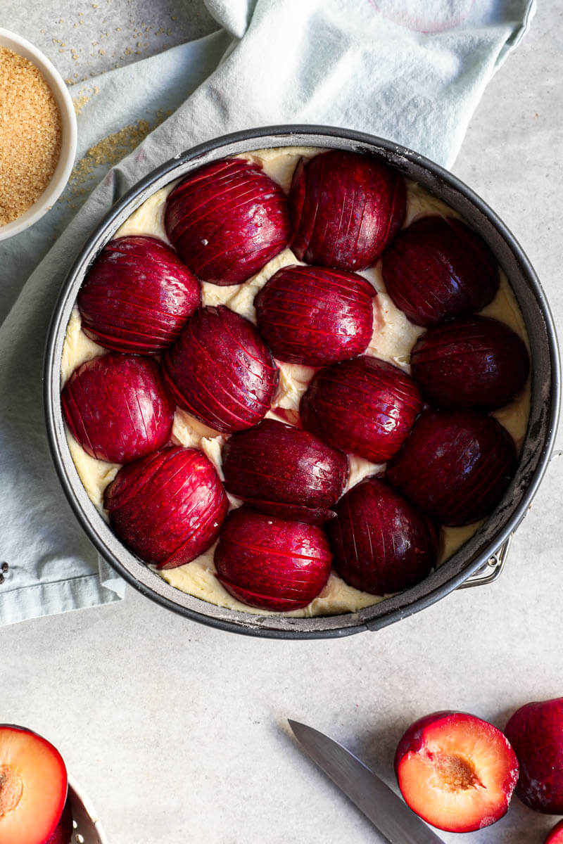 Overhead shot of the cake pan filled with the cake batter topped with red plums