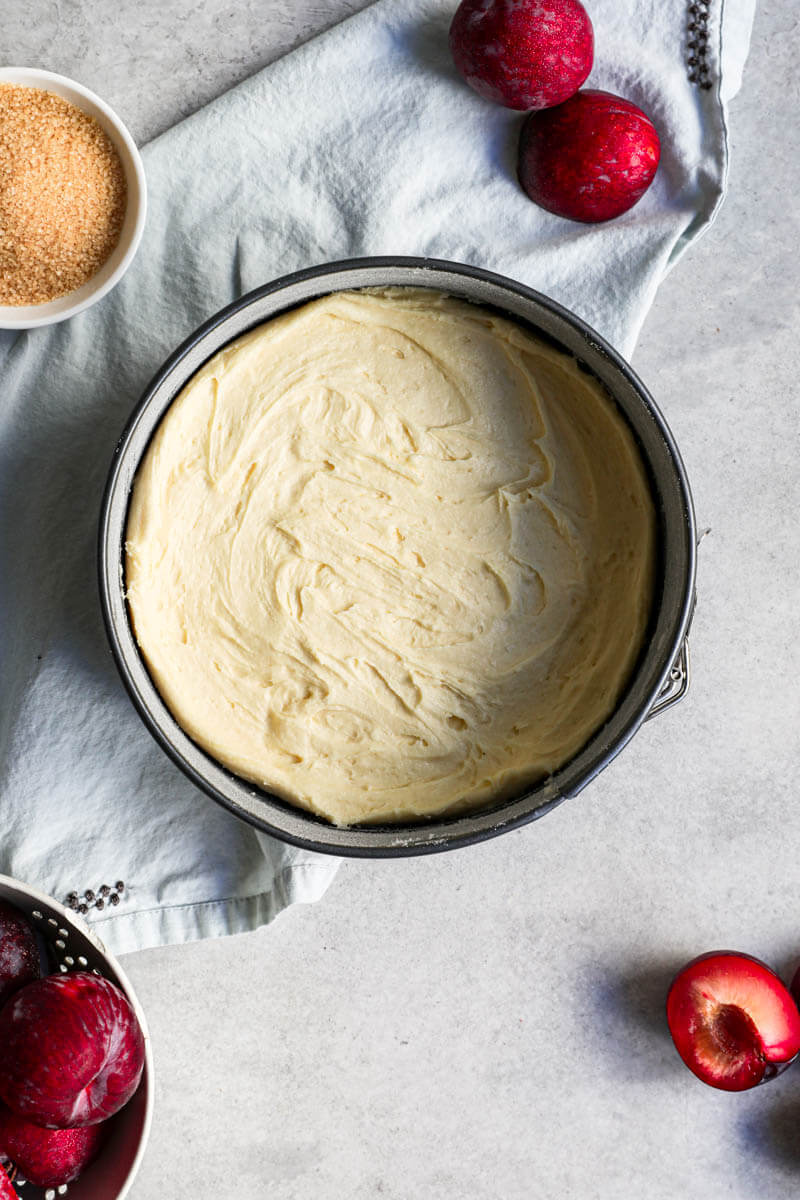 Overhead shot of the pan cake filled with cake batter surrounded by fresh plums