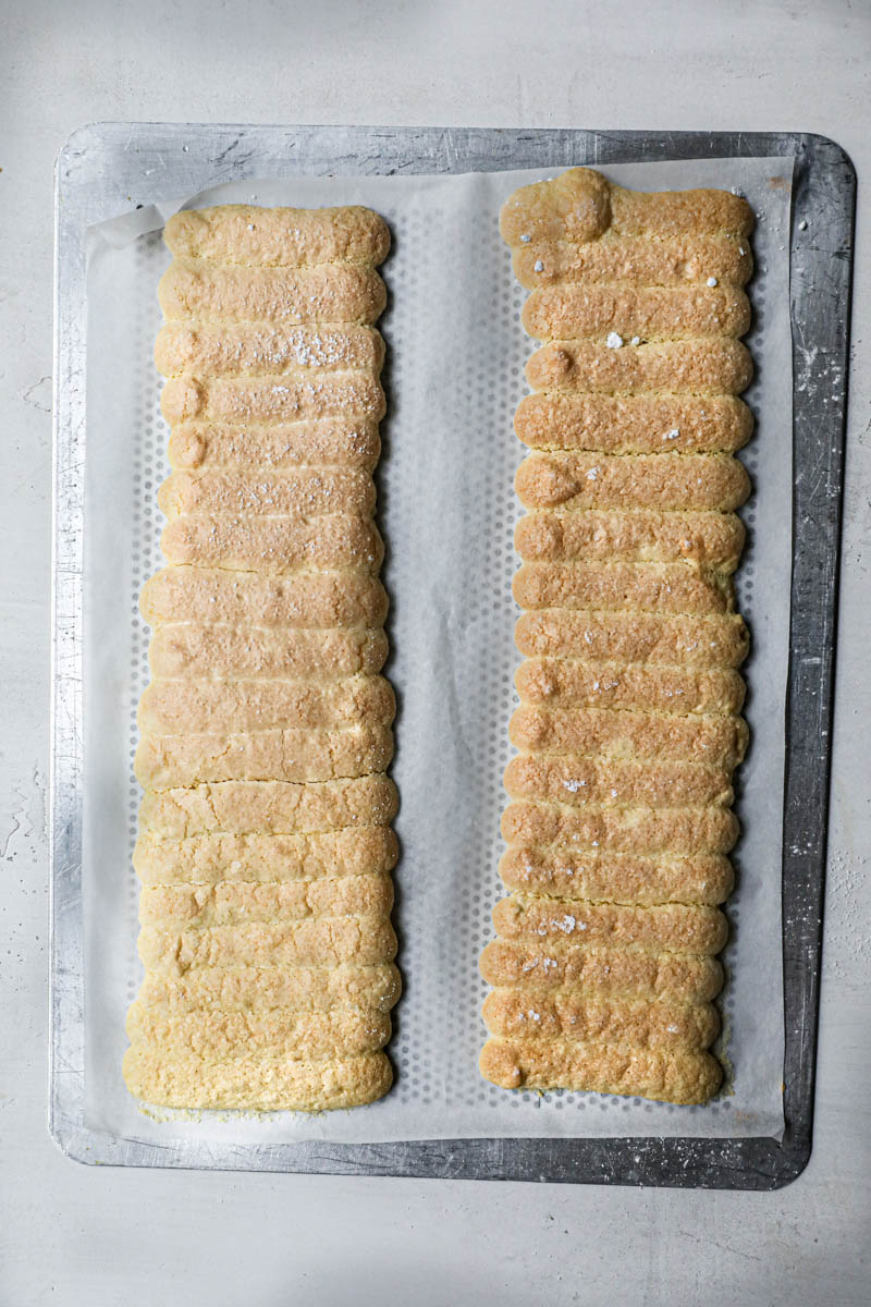 The baked bands of ladyfinger cake on a piece of parchment paper.